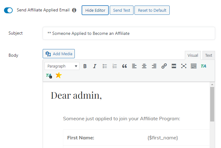 Senden Sie Affiliate Applied Email [an admin]
